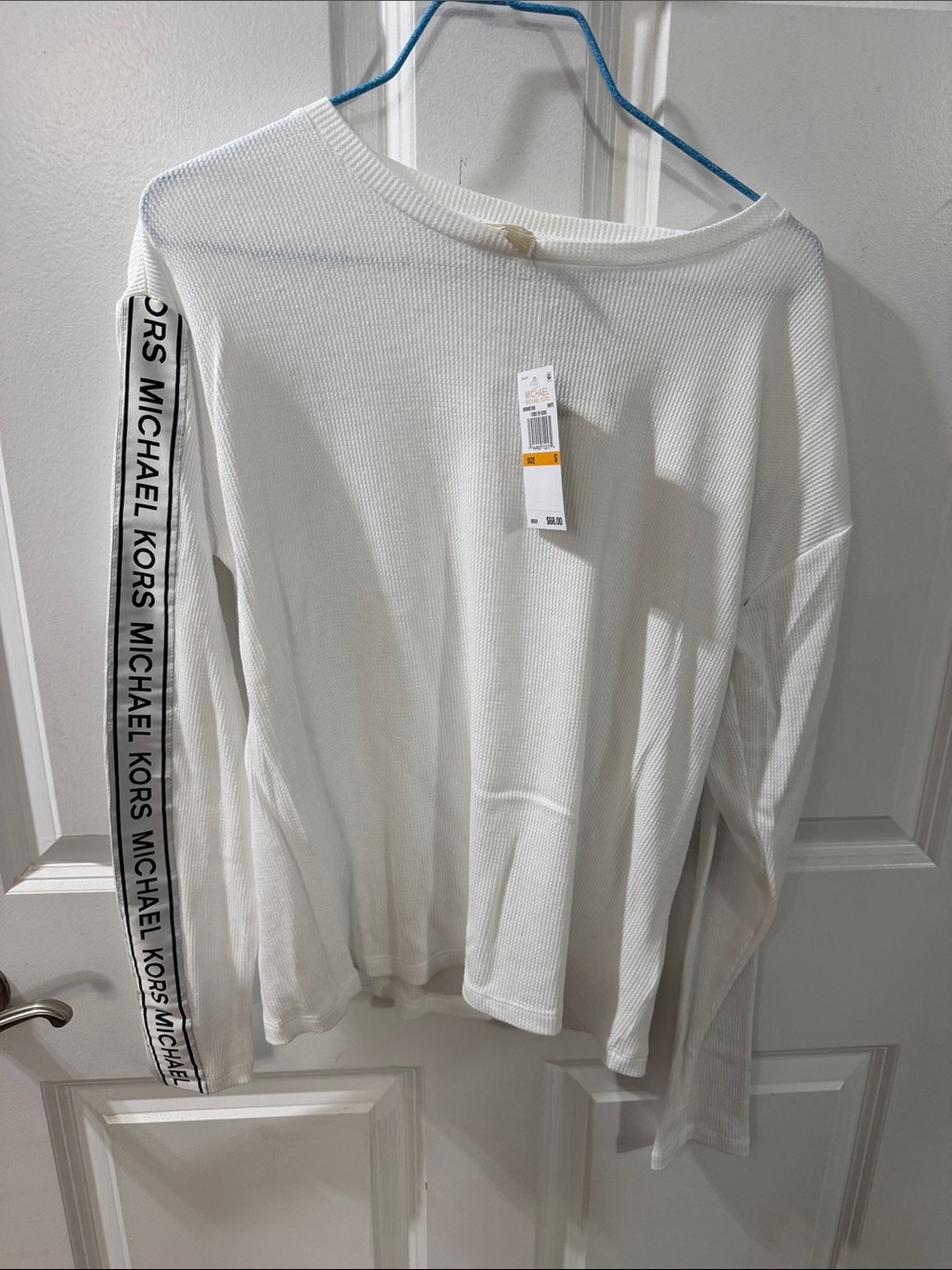 Michael Kors White Long-Sleeve Waffle Crew with Logo Sleeve Tape